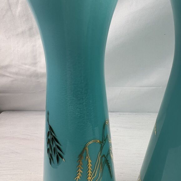 Pair Vintage Bartlett Collins Atomic Age Glass 9" Vase Blue Gold Asian Pagoda - Picture 6 of 7